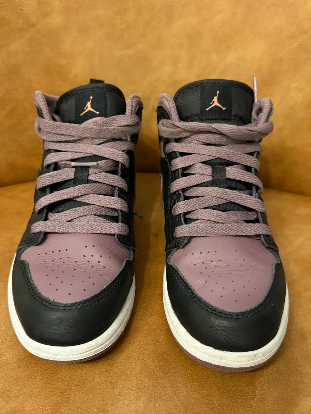 Jordan Nike Kids' Mid-Top Sneakers in Black, Mauve, and Orange. Size 3Y